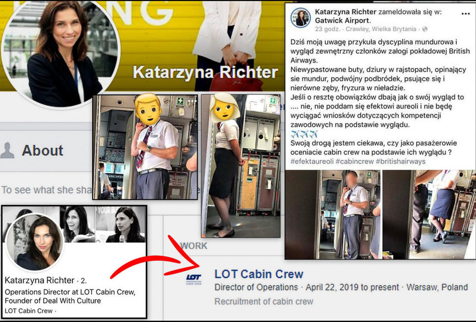 Polish airline boss Katarzyna Richter‎ appeared to fat-shame British Airways cabin crew on Facebook, who were working on her flight. Source: A Fly Guy's Cabin Crew Lounge / Facebook