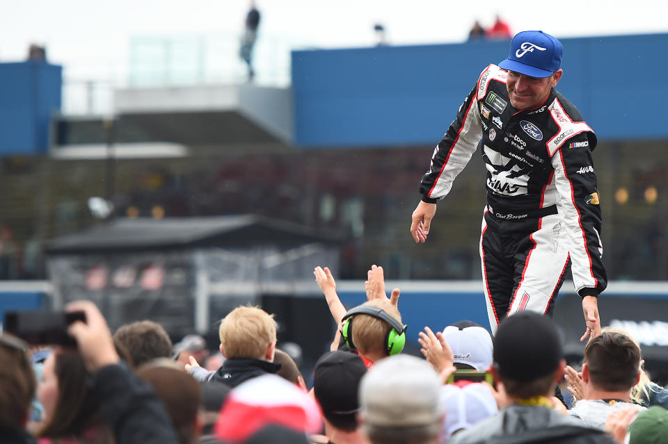 BROOKLYN, MICHIGAN - JUNE 09: Clint Bowyer, driver of the #14 Haas Automation/ITsavvy Ford, participates in pre-race ceremonies during the Monster Energy NASCAR Cup Series FireKeepers Casino 400 at Michigan International Speedway on June 09, 2019 in Brooklyn, Michigan. (Photo by Stacy Revere/Getty Images)