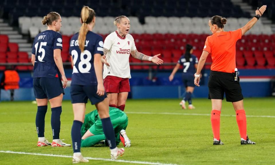 Leah Galton reacts after her header is ruled out