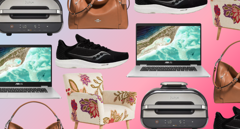 collage with black sneaker, asus laptop, ninja air fryer grill, brown coach bag, white floral chair