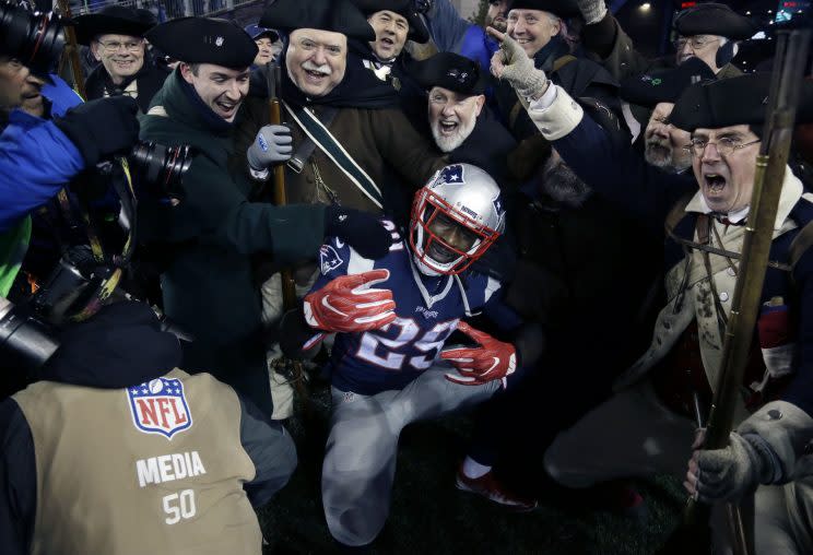 LeGarrette Blount celebrates a touchdown against the Patriots in the AFC championship game. (AP)