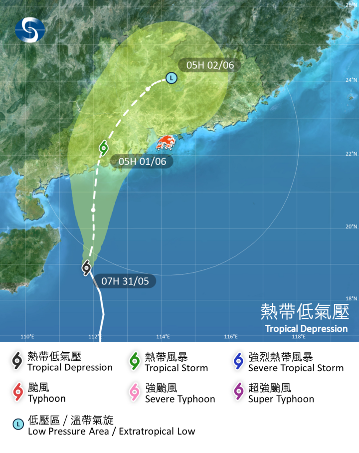 熱帶低氣壓在香港時間 2024 年 05 月 31 日 07 時的最新資料；位置:  北緯 18.9 度，東經 111.8 度 (即香港之西南偏南約 450 公里)；中心附近最高持續風速:  每小時 55 公里；位於南海北部的熱帶氣旋會在今日逐漸靠近廣東西部沿岸。