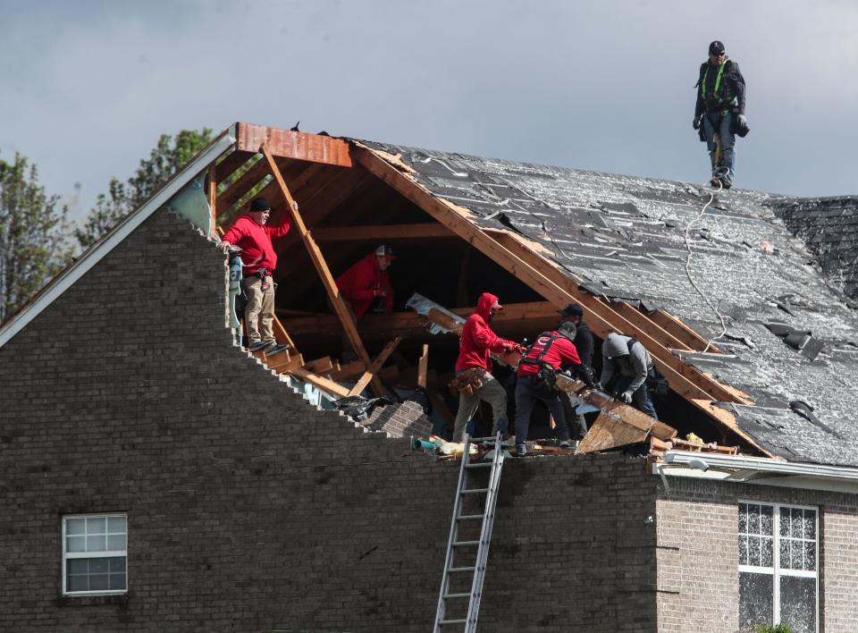 An EF1 tornado damaged several homes in Jeffersonville, Ind., on April 3, 2024. The National Weather Service said five tornadoes hit the Louisville metro area.