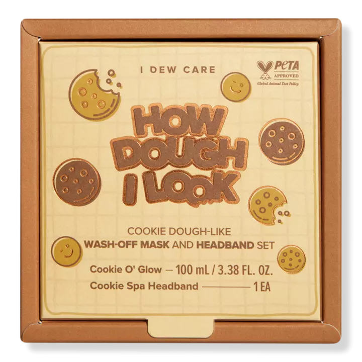 box of cookie dough-themed face mask and headband set