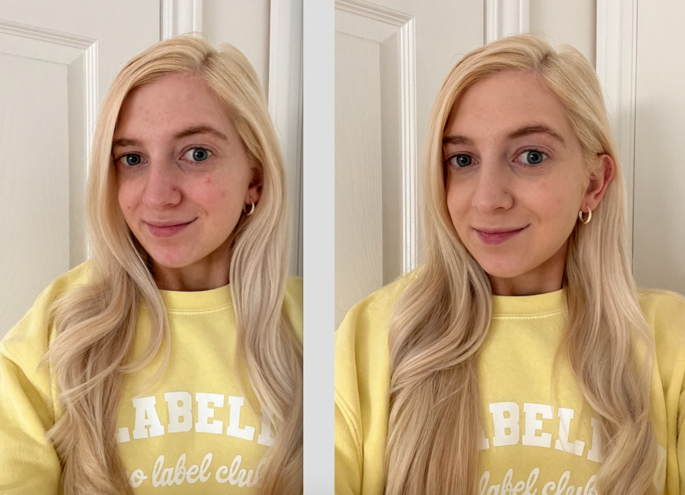 Before and after one layer of the new Rare Beauty Positive Light Tinted Moisturizer