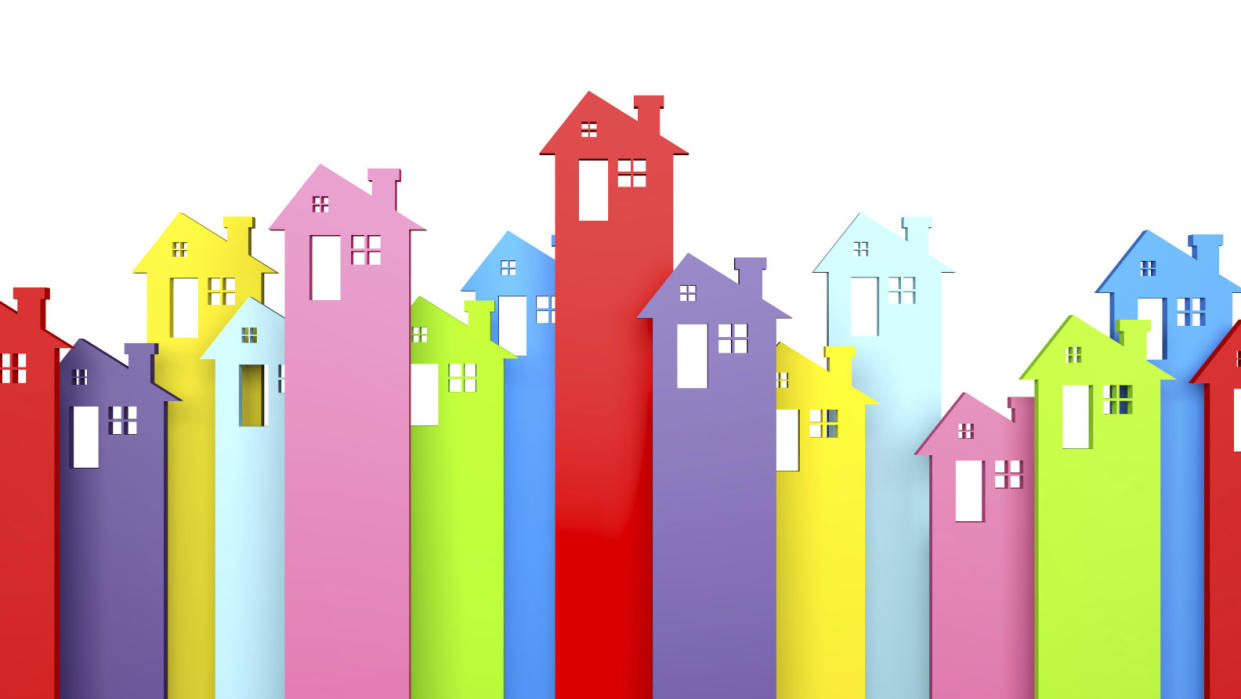 3d render illustration of several colorful house shaped arrows.