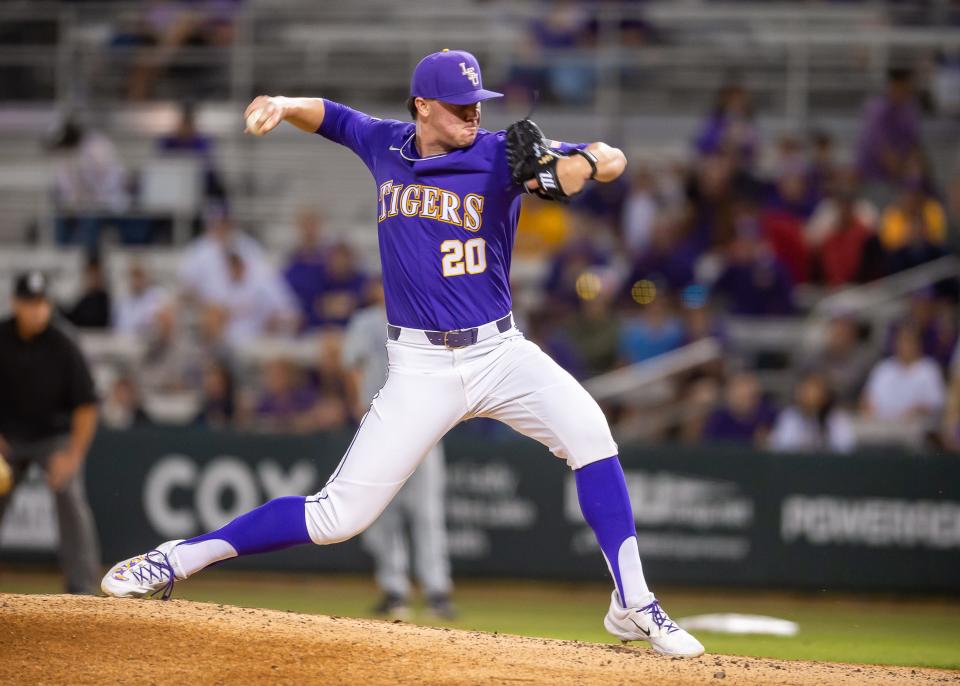 Tigers dtarting pitcher Paul Skenes on the mound as The LSU Tigers take on the Butler Bulldogs at Alex Box Stadium in Baton Rouge, La. Friday, March 3, 2023.