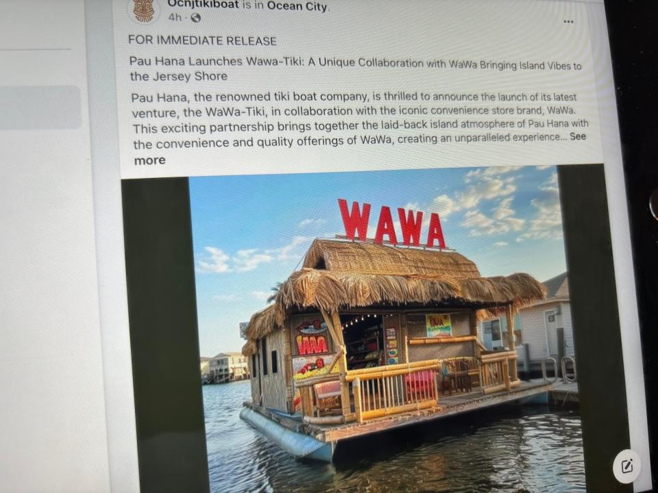 Ocean City NJ Tiki Boats floated this idea for a Wawa-Tiki bar to serve customers in Ocean City and Somers Point. The proposed mash-up, seen in this photo of the group’s Facebook page, was announced on Monday, April 1, 2024 — April Fool’s Day.