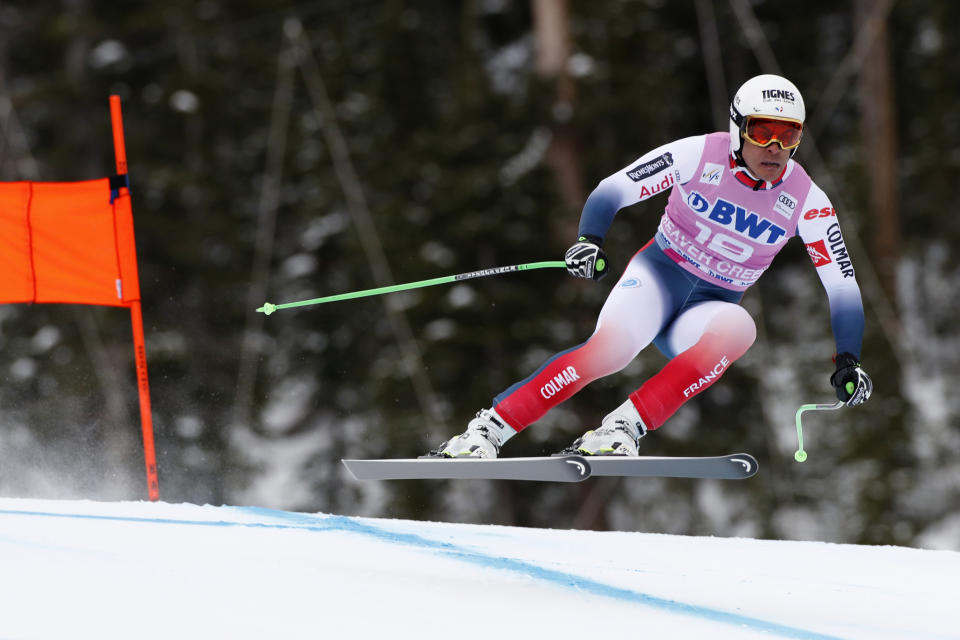 France's Johan Clarey skis during a men's World Cup downhill skiing race Saturday, Dec. 7, 2019, in Beaver Creek, Colo. (AP Photo/Robert F. Bukaty)