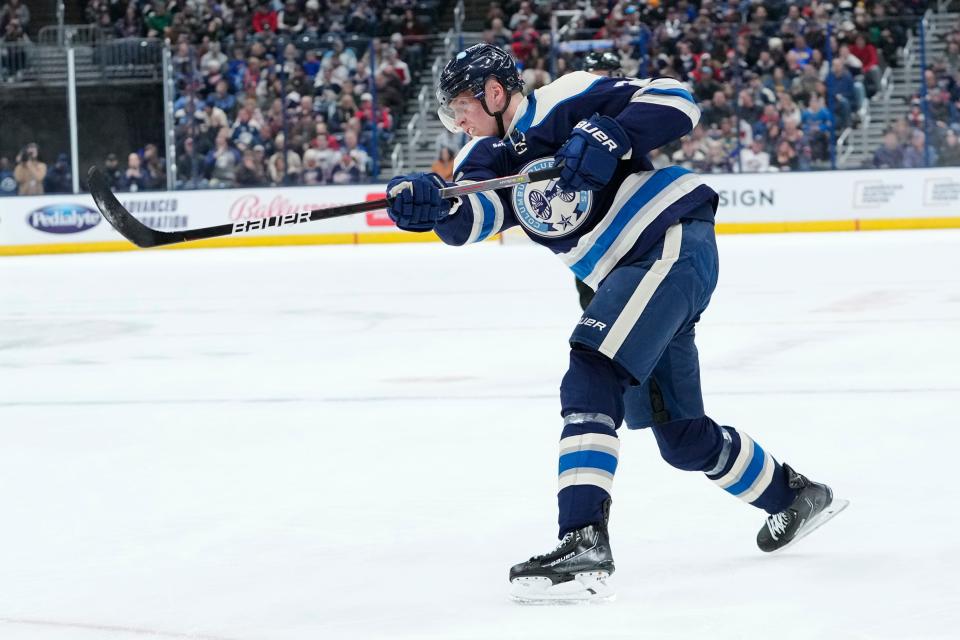 Mar 11, 2023; Columbus, Ohio, USA;  Columbus Blue Jackets left wing Patrik Laine (29) shoots during the first period of the NHL hockey game against the St. Louis Blues at Nationwide Arena. Mandatory Credit: Adam Cairns-The Columbus Dispatch