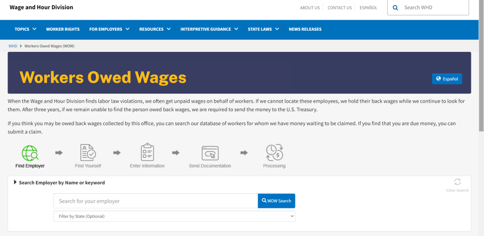 Screenshot of worker owed wages database.