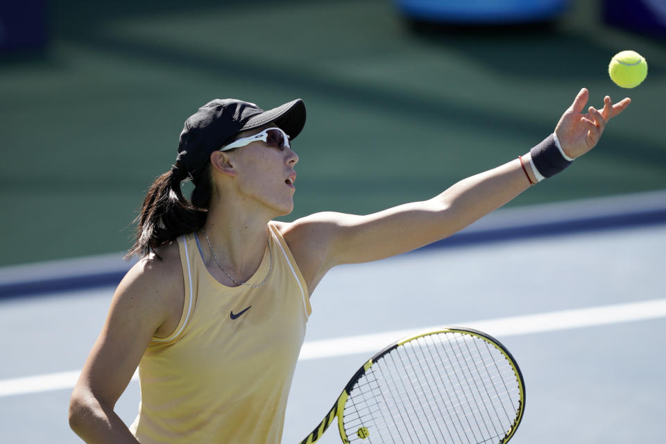 Zheng Saisai, of China, serves the ball to Aryna Sabalenka, of Belarus, during the finals of the Mubadala Silicon Valley Classic tennis tournament in San Jose, Calif., Sunday, Aug. 4, 2019. (AP Photo/Tony Avelar)