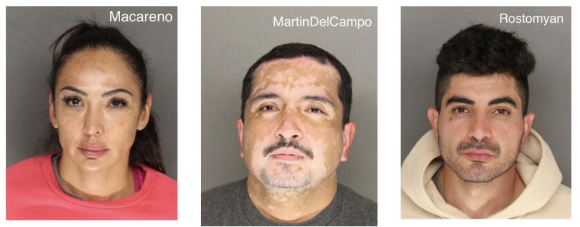 Detectives have arrested (left to right) 48-year-old Pauline Macareno of Porter Ranch, 41-year-old Ricardo MartinDelCampo of Los Angeles, and 33-year-old Henry Rostomyan of Tujunga. Through their investigation, detectives traced Macareno to a series of transactions, including forging documents and establishing fraudulent entities, to gain control over Violet Evelyn Alberts's assets unlawfully. Fifty-eight year-old Harry Basmadjian of Van Nuys, was also arrested but not shown.