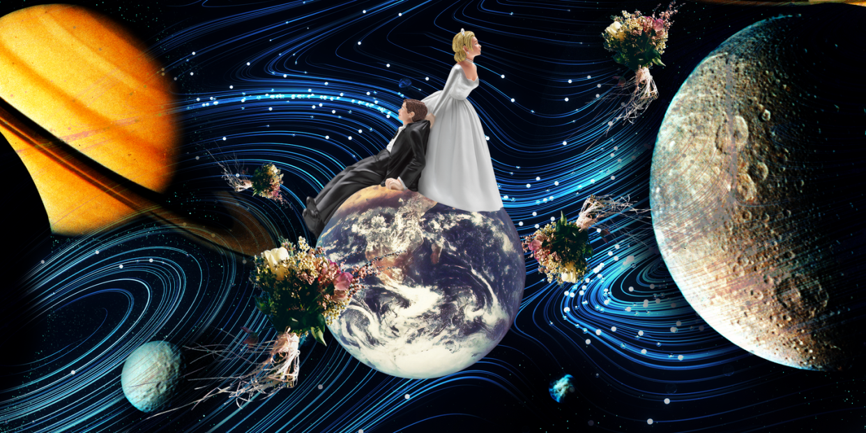 a bride drags a groom over a globe