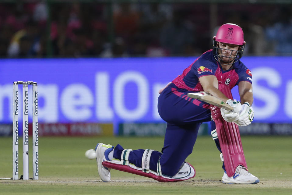 Rajasthan Royals' Jos Buttler plays a shot during the Indian Premier League cricket match between Mumbai Indians and Rajasthan Royals in Jaipur, India, Monday, April 22, 2024. (AP Photo/Surjeet Yadav)