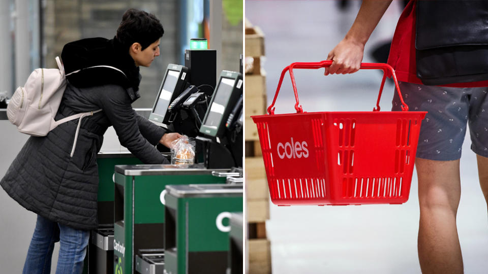 Woolworths customers use self serve checkouts and a Coles customer carries a basket.