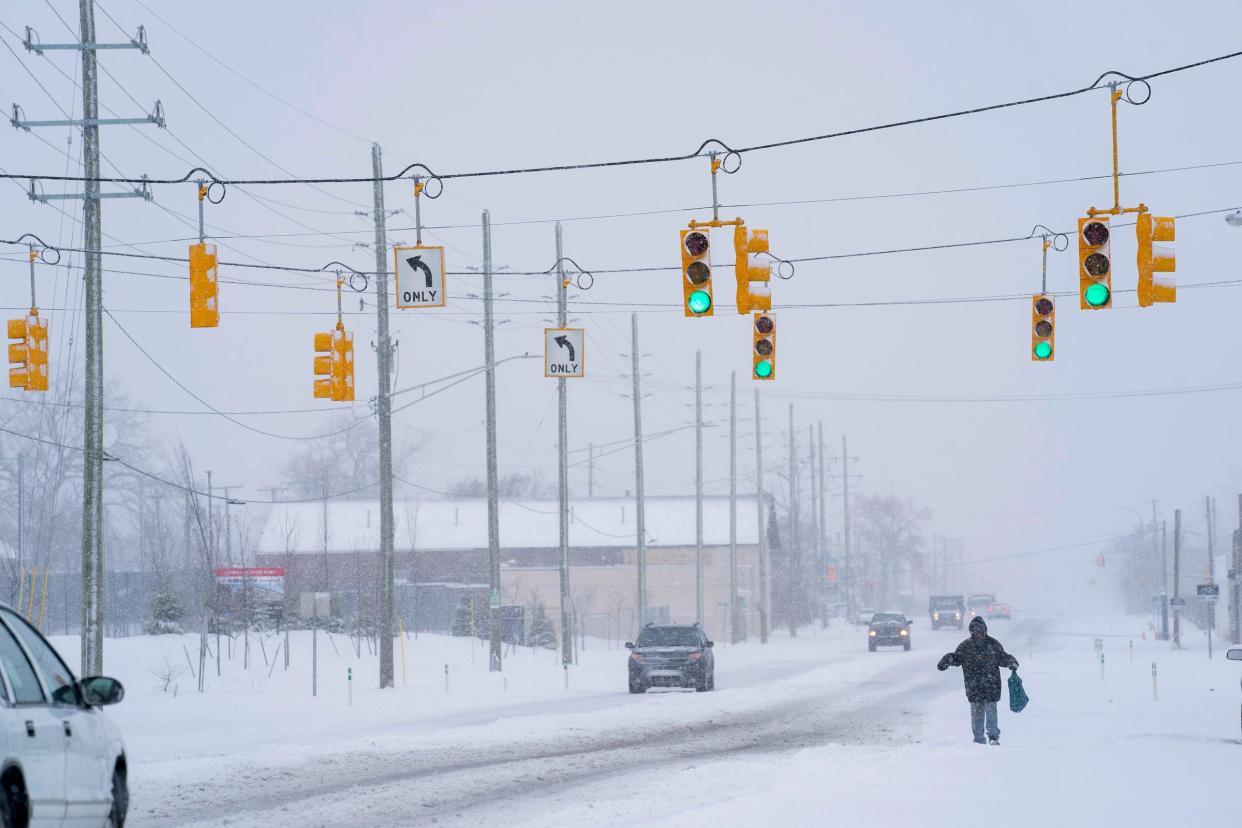 John Stone, of Highland Park, shakes off snow as he braves walking up Hamilton Avenue in Highland Park to get to a store during a snow storm that hit Metro Detroit on Friday, March 22, 2024.