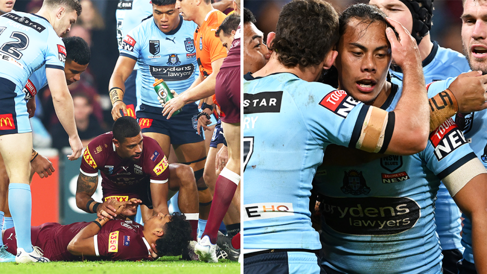 Jarome Luai (pictured right) being embraced by his teammates and (pictured left) Dane Gagi checking on Selwyn Cobbo (pictured on the ground left) during State of Origin.