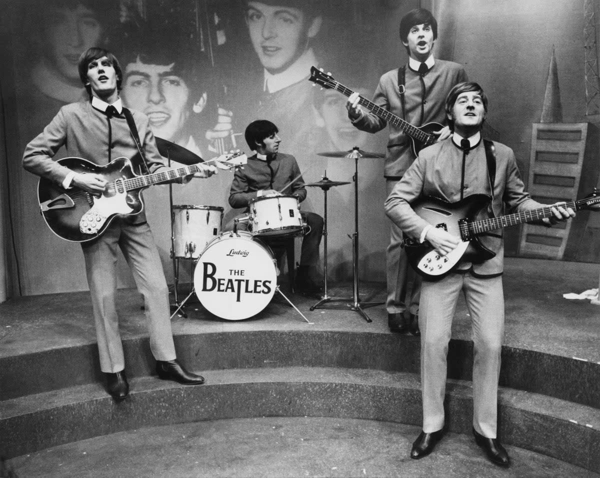 Left to right, Phillip Joseph as George Harrison, Antony Sher as Ringo Starr, Trevor Eve as Paul McCartney and Bernard Hill as John Lennon in a rehearsal of the musical ‘John, Paul, George, Ringo...and Bert’ (Getty)