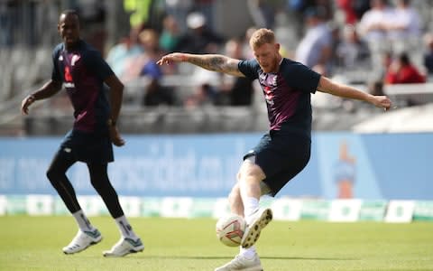 England's Ben Stokes plays football before the start of play - Credit: Reuters