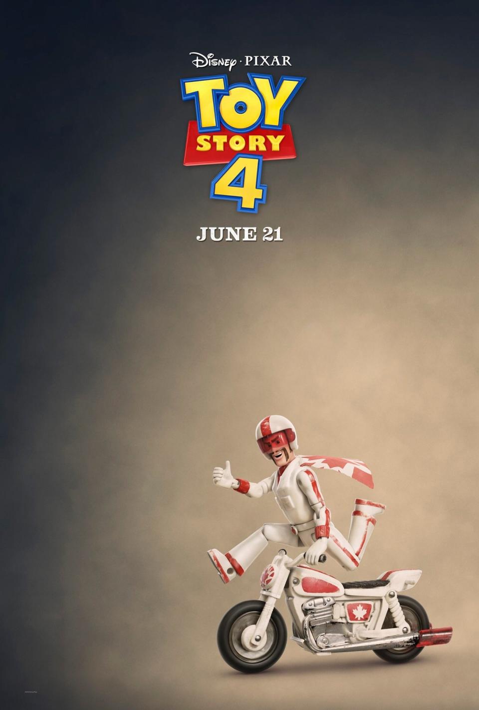 Toy Story 4 poster featuring Duke Caboom performing a motorcycle stunt with 