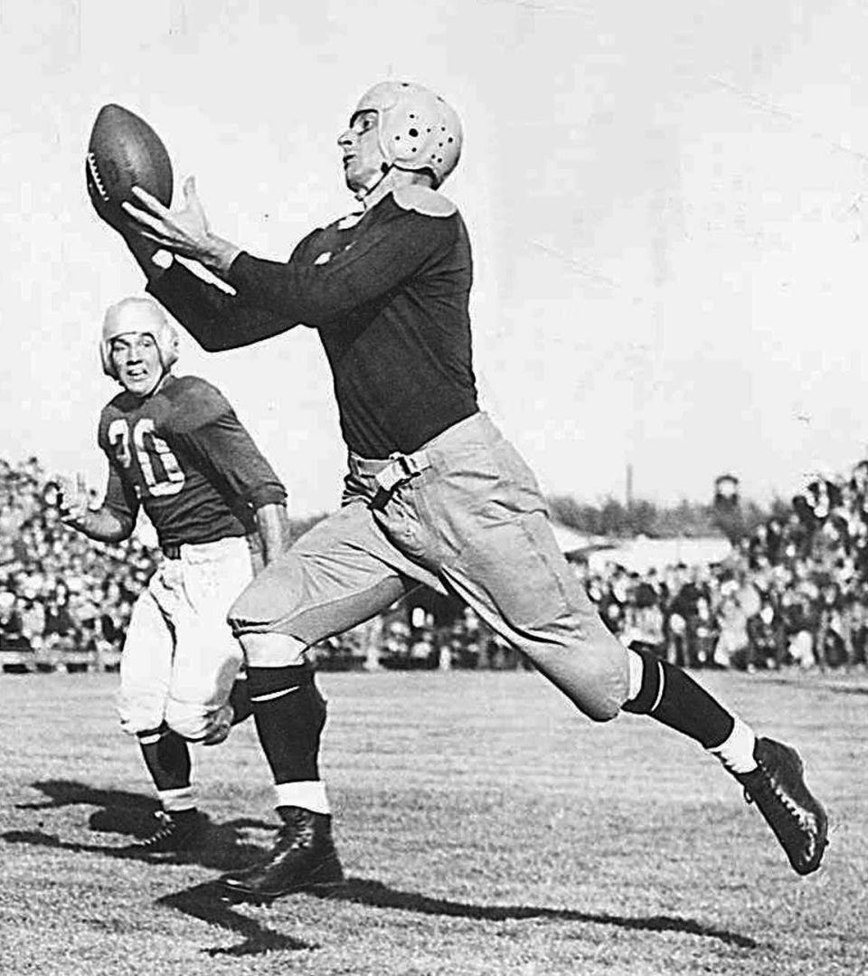 Don Hutson retired after the 1945 season with 488 catches. The next most at that time was 190. The “Alabama Antelope” had 99 career touchdown grabs, a record that stood for more than four decades