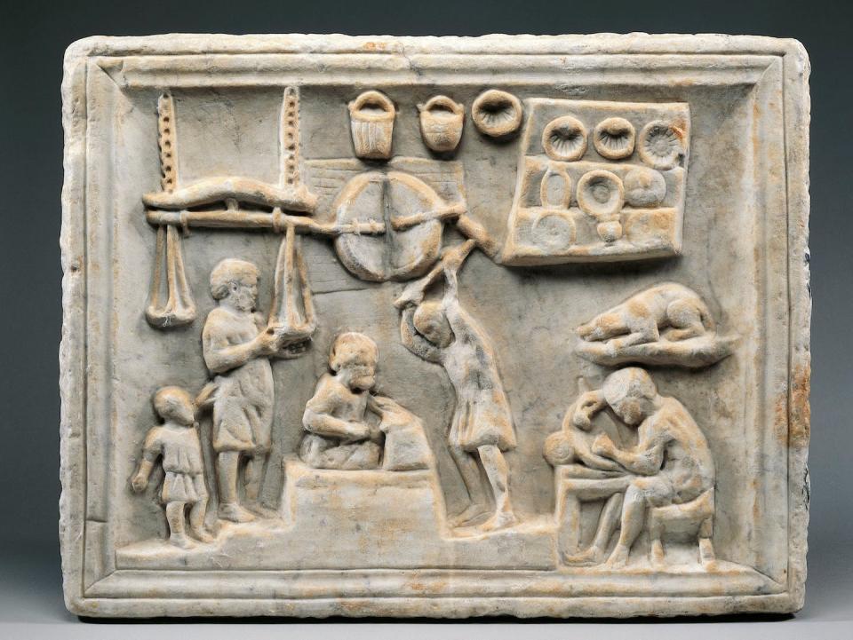 More knowledge and energy led to division of labor and more innovation. This marble relief depicts a coppersmith’s shop in Pompei during the first century. <a href="https://www.gettyimages.com/detail/news-photo/roman-civilization-1st-century-a-d-pompei-marble-relief-news-photo/122222124" rel="nofollow noopener" target="_blank" data-ylk="slk:DEA/L. Pedicini/De Agostini via Getty Images;elm:context_link;itc:0;sec:content-canvas" class="link ">DEA/L. Pedicini/De Agostini via Getty Images</a>