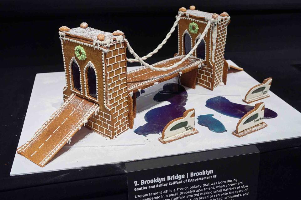 <p>Brad Farwell</p> Brooklyn Bridge made of gingerbread