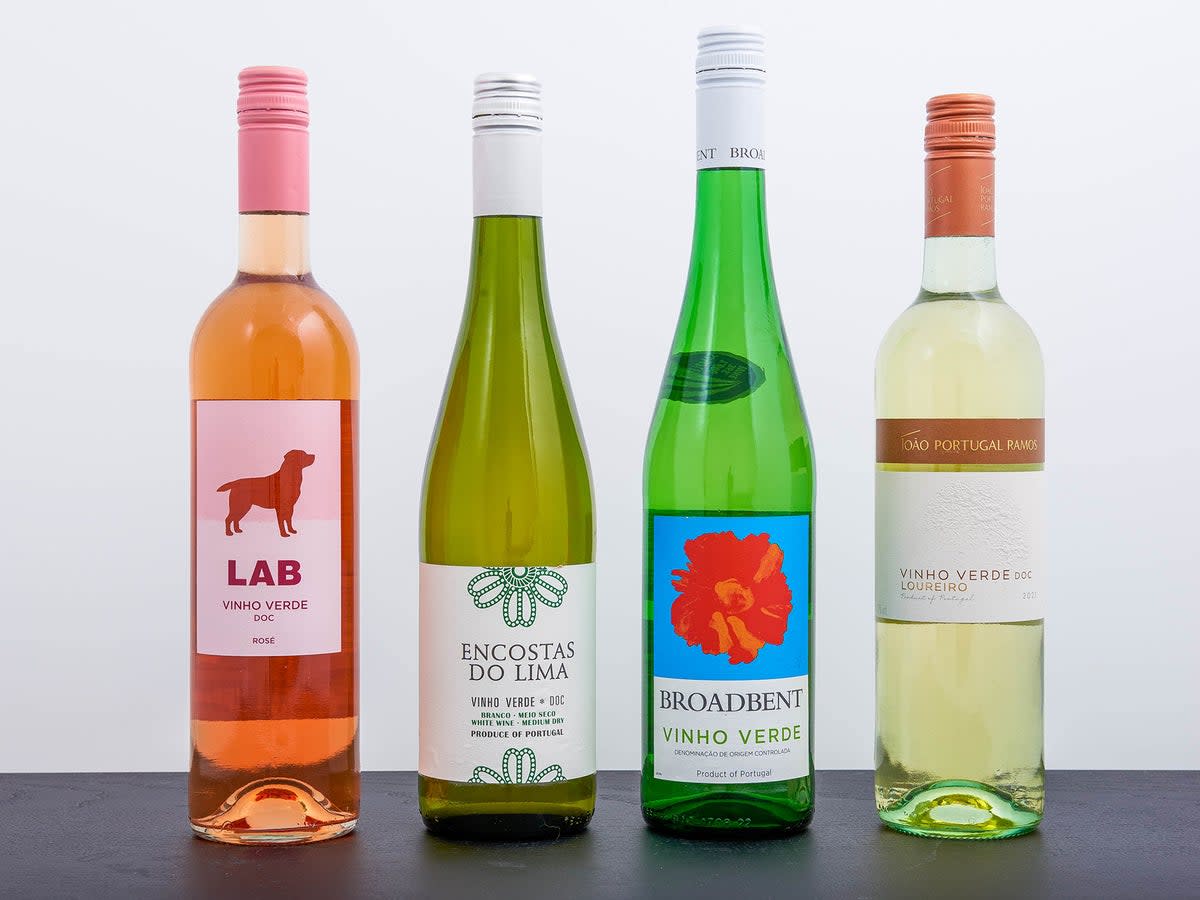 Great value vinho verdes on the market today: Lab Vinho Verde Rosé NV; Encostas do Lima Vinho Verde NV; Broadbent Vinho Verde NV; João Portugal Ramos Loureiro Vinho Verde 2021 (Rey Lopez/The Washington Post)