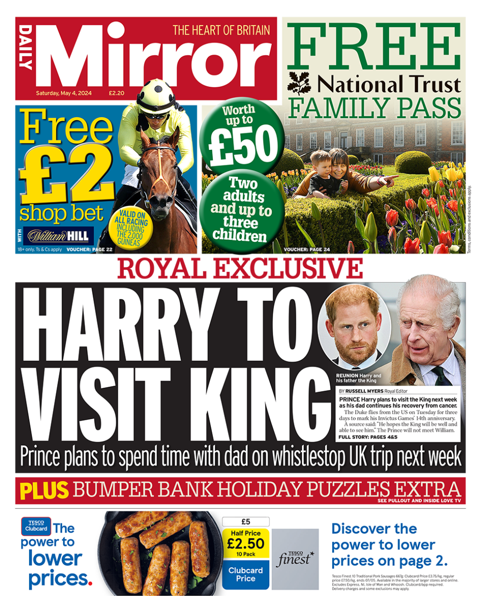 The headline on the front page of the Daily Mirror reads: "Harry to visit King"