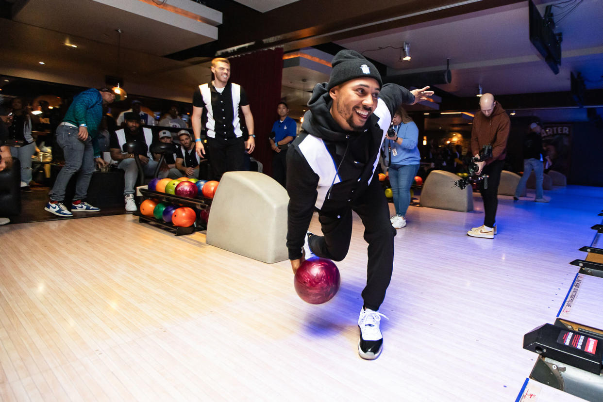 Mookie Betts bowls (Mat Hayward / Getty Images for Mookie Betts 5050 Foundation)