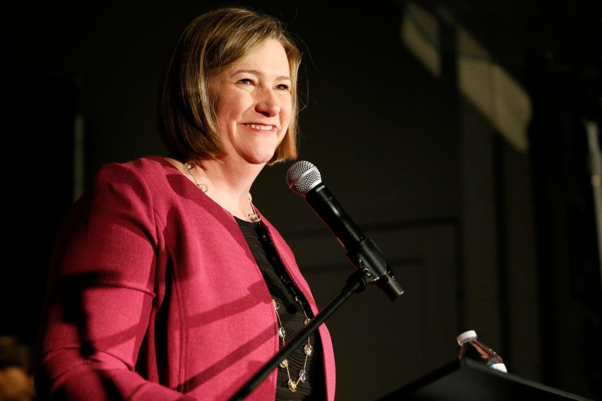 Democratic nominee for Ohio Governor Nan Whaley delivers a victory speech during the election night watch party for democratic gubernatorial primary candidate Nan Whaley at Montgomery County Democratic Party Headquarters in downtown Dayton, Ohio, on Tuesday, May 3, 2022. Whaley, the former mayor of Dayton, defeated former Cincinnati mayor John Cranley in Tuesday’s democratic primary race to become the first female candidate nominated for governor of Ohio. 