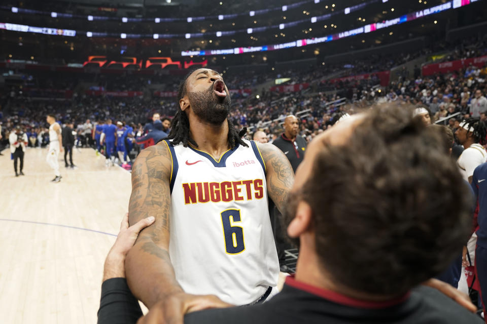 Denver Nuggets center DeAndre Jordan warms up before an NBA basketball game against the Los Angeles Clippers, Monday, Nov. 27, 2023, in Los Angeles. (AP Photo/Ryan Sun)