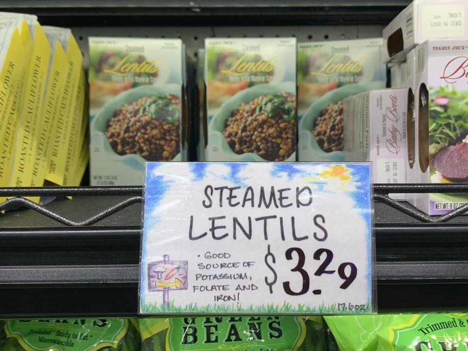 Trader Joe's steamed lentils on shelf at store