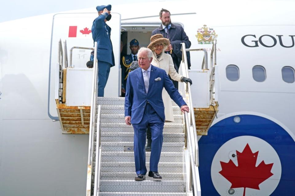 The Prince of Wales and Duchess of Cornwall arrive in St John’s, Newfoundland and Labrador, for their three-day trip to Canada to mark the Queen’s Platinum Jubilee (Jacob King/PA) (PA Wire)