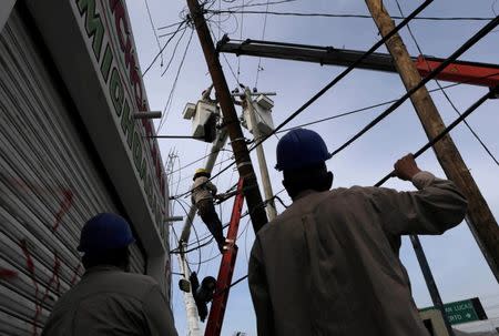 Workers repair power lines in San Jose del Cabo, after Hurricane Odile hit Baja California September 19, 2014. REUTERS/Henry Romero