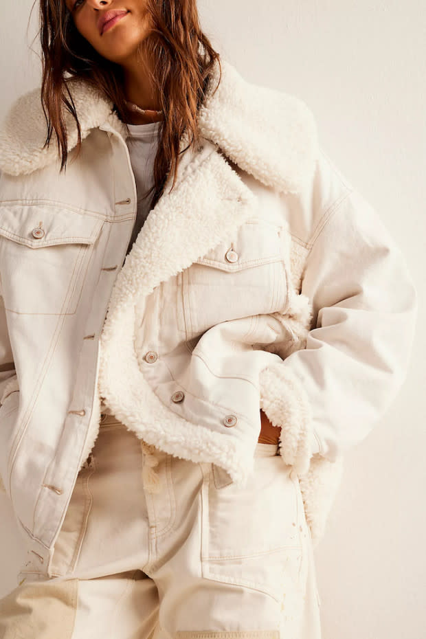<p>Free People</p><p>Denim and sherpa work together quite well, especially when they’re used to make a fashionable and cozy fall coat. This Free People style features a button-front closure, multiple patch pockets, and a classic collar. You can opt for either the blue denim or white denim; either way, you’ll be warm and extra stylish this season. </p>