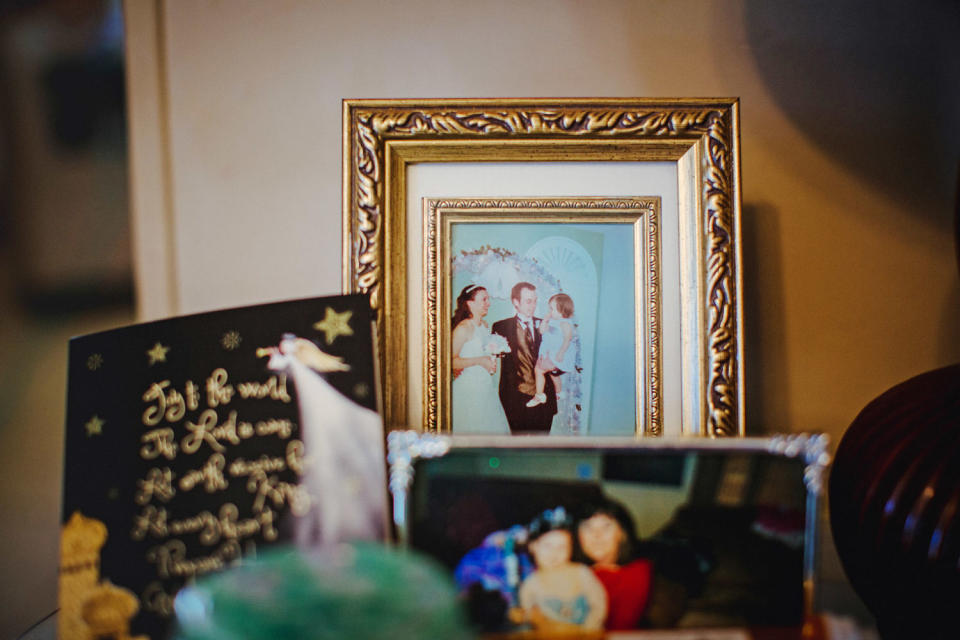 A wedding photo of James Aaron Moran at his mother's house. (Ashleigh Coleman for NBC News)