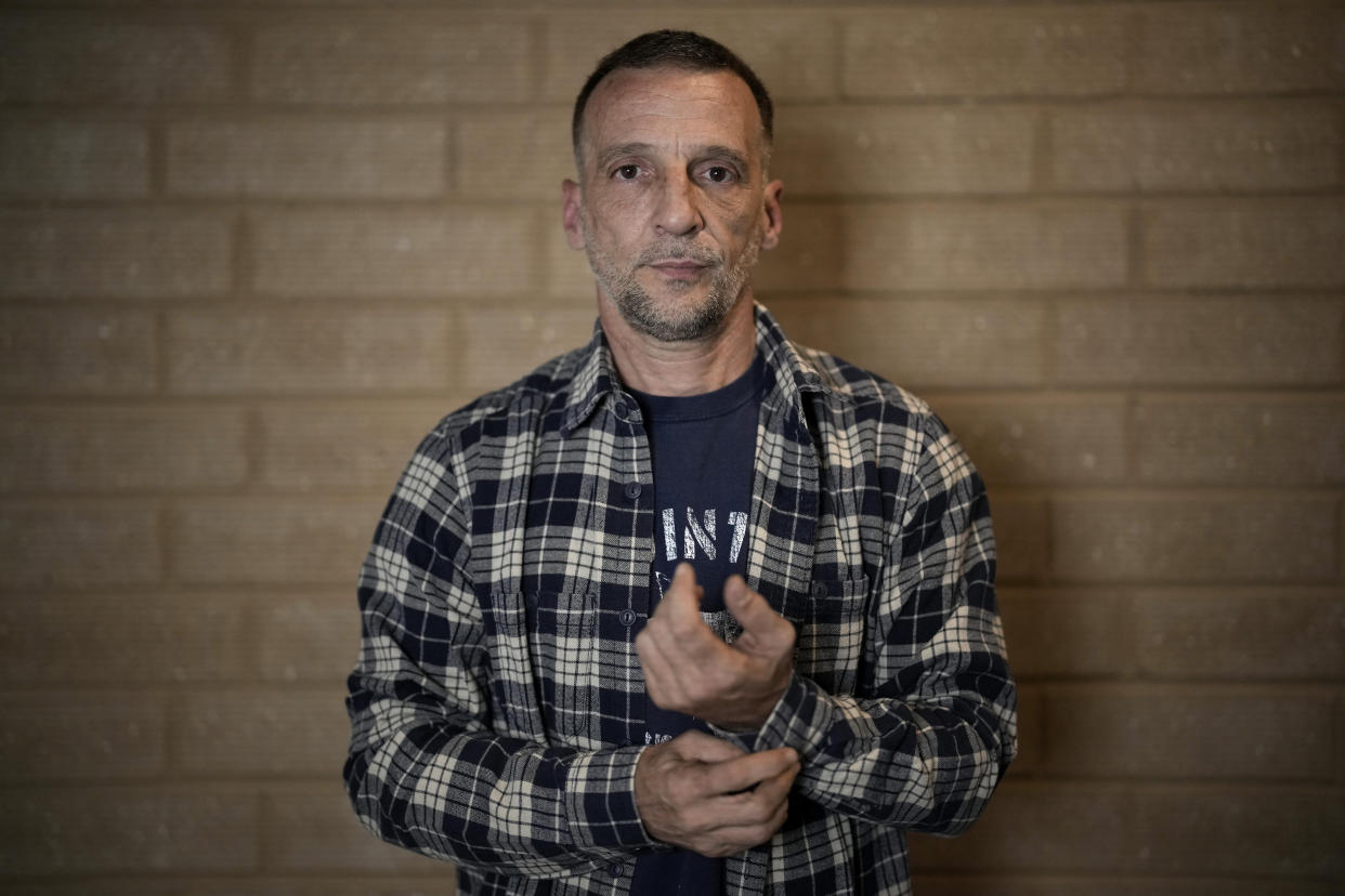 Mathieu Kassovitz poses after an interview with Associated Press, in Tremblay-en-France, Tuesday, Sept. 17, 2024. (AP Photo/Christophe Ena)