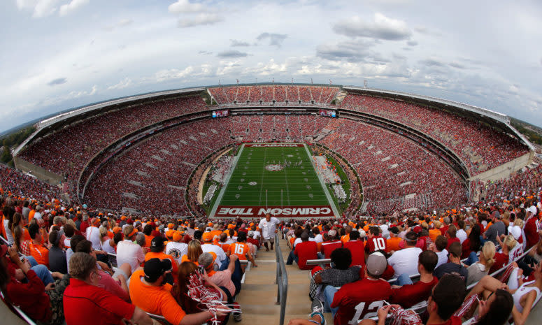 A panorama view of Bryant-Denny Stadium during an Alabama football game.