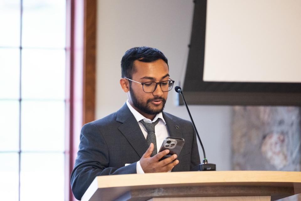 Kanchan Pokhrel, a graduate of the Utah Valley University, gives a speech during the One Refugee graduation celebration at the Garden Place at Heritage Park in Salt Lake City on May 8, 2023. | Ryan Sun, Deseret News