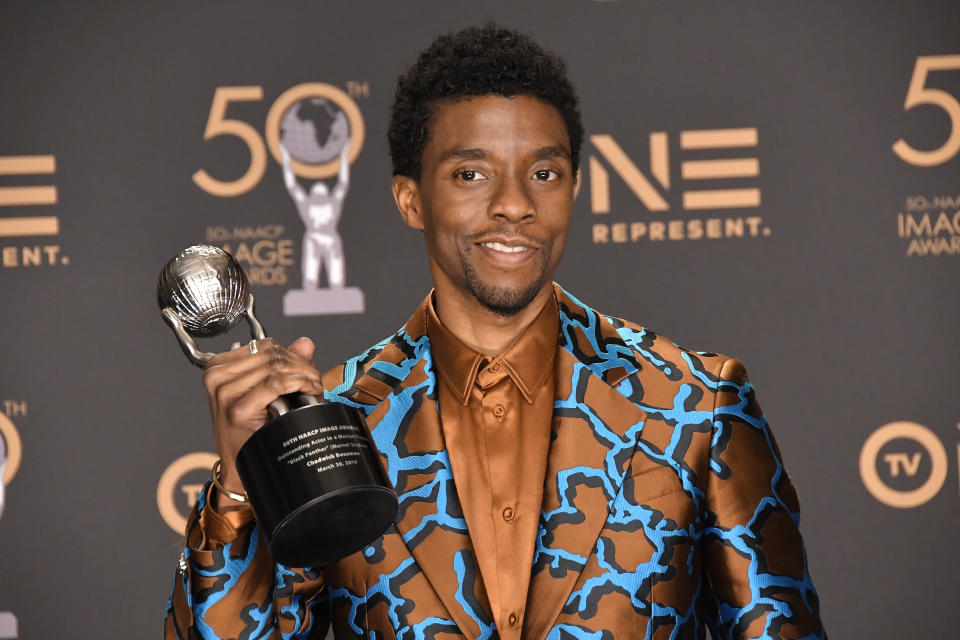 Chadwick Boseman poses in the press room during the 50th NAACP Image Awards held at Dolby Theatre on March 30, 2019 in Hollywood, CA, USA (Photo by Sthanlee B. Mirador/Sipa USA)