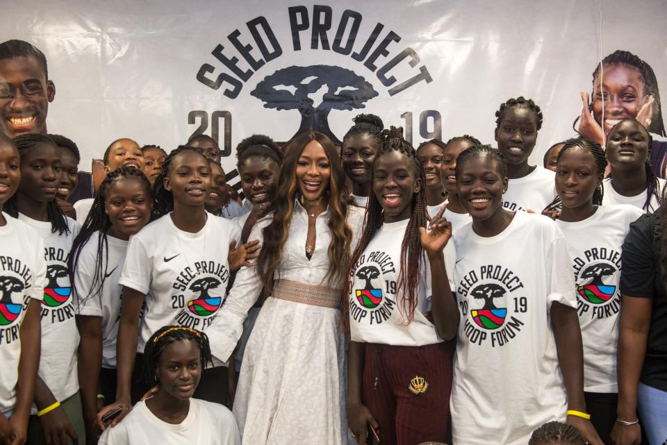 Campbell poses with female basketball players at a forum organised by eating disorder charity SEED on July 24 (APO Group via Getty Images)