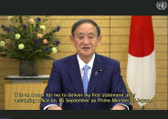 In this photo made from UNTV video, Suga Yoshihide, Prime Minister of Japan, speaks in a pre-recorded message which was played during the 75th session of the United Nations General Assembly, Wednesday, Sept. 23, 2020, at UN Headquarters. (UNTV Via AP )