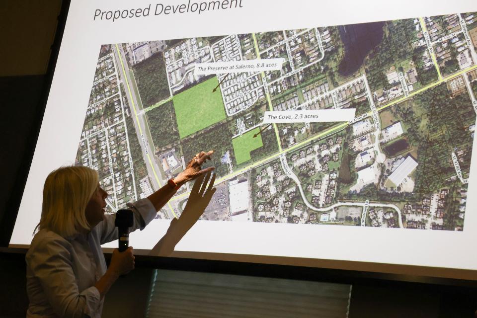 Martin County Commissioner Sarah Heard discusses proposed developments west of Port Salerno during a town hall meeting, Tuesday, Oct. 3, 2023, at the Port Salerno Civic Center, 4950 S.E. Anchor Ave. The meeting was held to discuss parking proposals and development in Port Salerno. Many in attendance were part of the Save Our Salerno (S.O.S.) nonprofit and are opposed to real estate investor J. Corey Crowley's vision for Port Salerno.