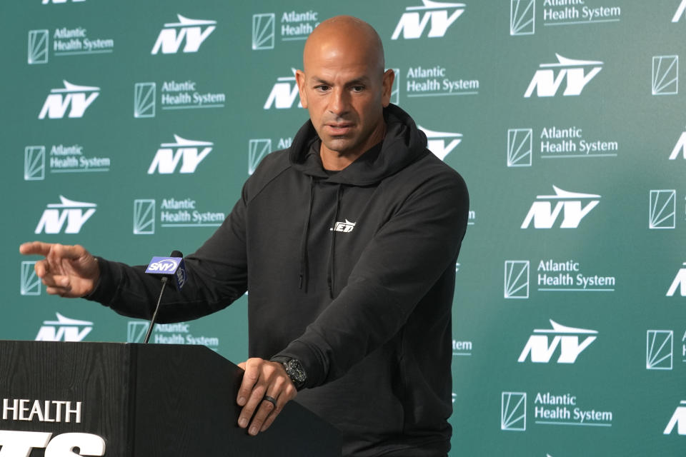 New York Jets head coach Robert Saleh speaks to reporters before practice at the NFL football team's training facility in Florham Park, N.J., Tuesday, June 11, 2024. (AP Photo/Pamela Smith)