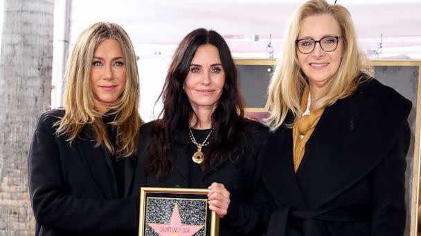 PHOTO: Jennifer Aniston, Courteney Cox and Lisa Kudrow attend the Hollywood Walk of Fame Star Ceremony for Courteney Cox on Feb. 27, 2023 in Hollywood, Calif. (Leon Bennett/Getty Images)