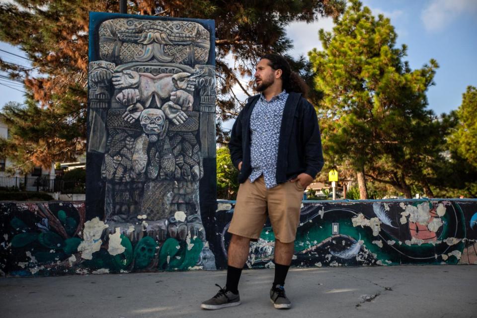 Chicano historian and blogger Michael Montenegro stands in Ortega Park in Santa Barbara.