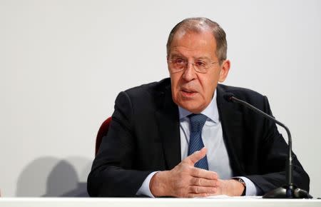 Russian Foreign Minister Sergei Lavrov arrives for a news conference on the sidelines of the Organization for Security and Co-operation in Europe (OSCE) summit in Milan, Italy, December 7, 2018. REUTERS/Alessandro Garofalo