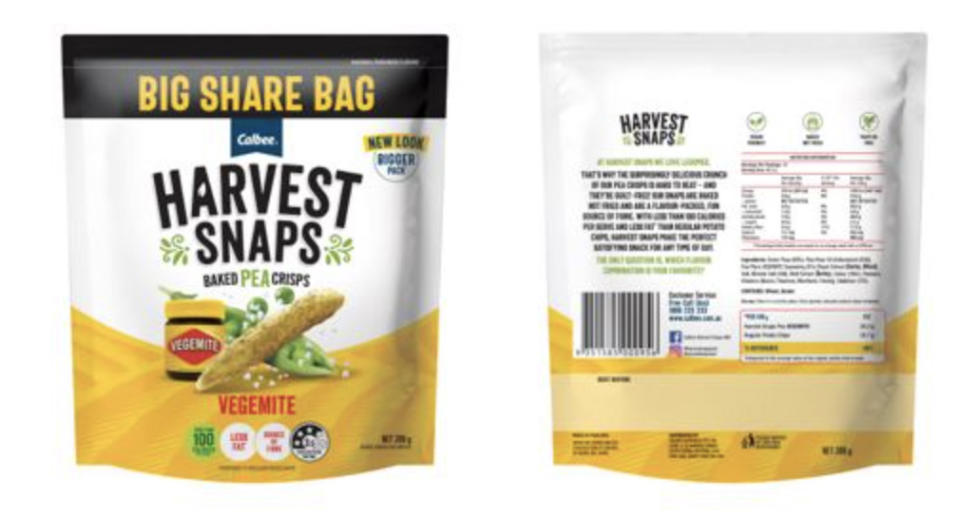 Calbee Harvest Snaps Vegemite (200g) sold at Coles.